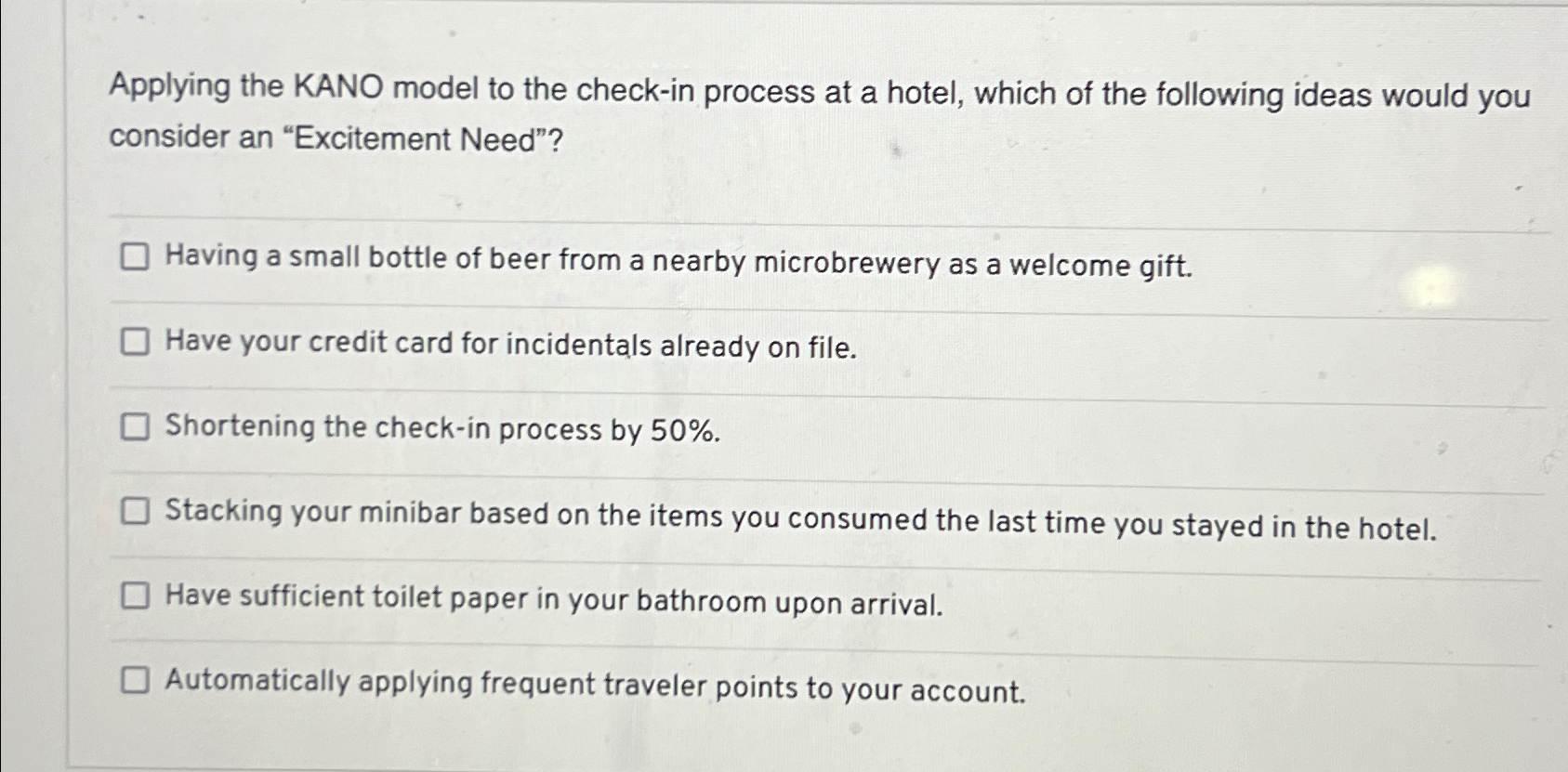  Applying the KANO model to the check-in process at a hotel,