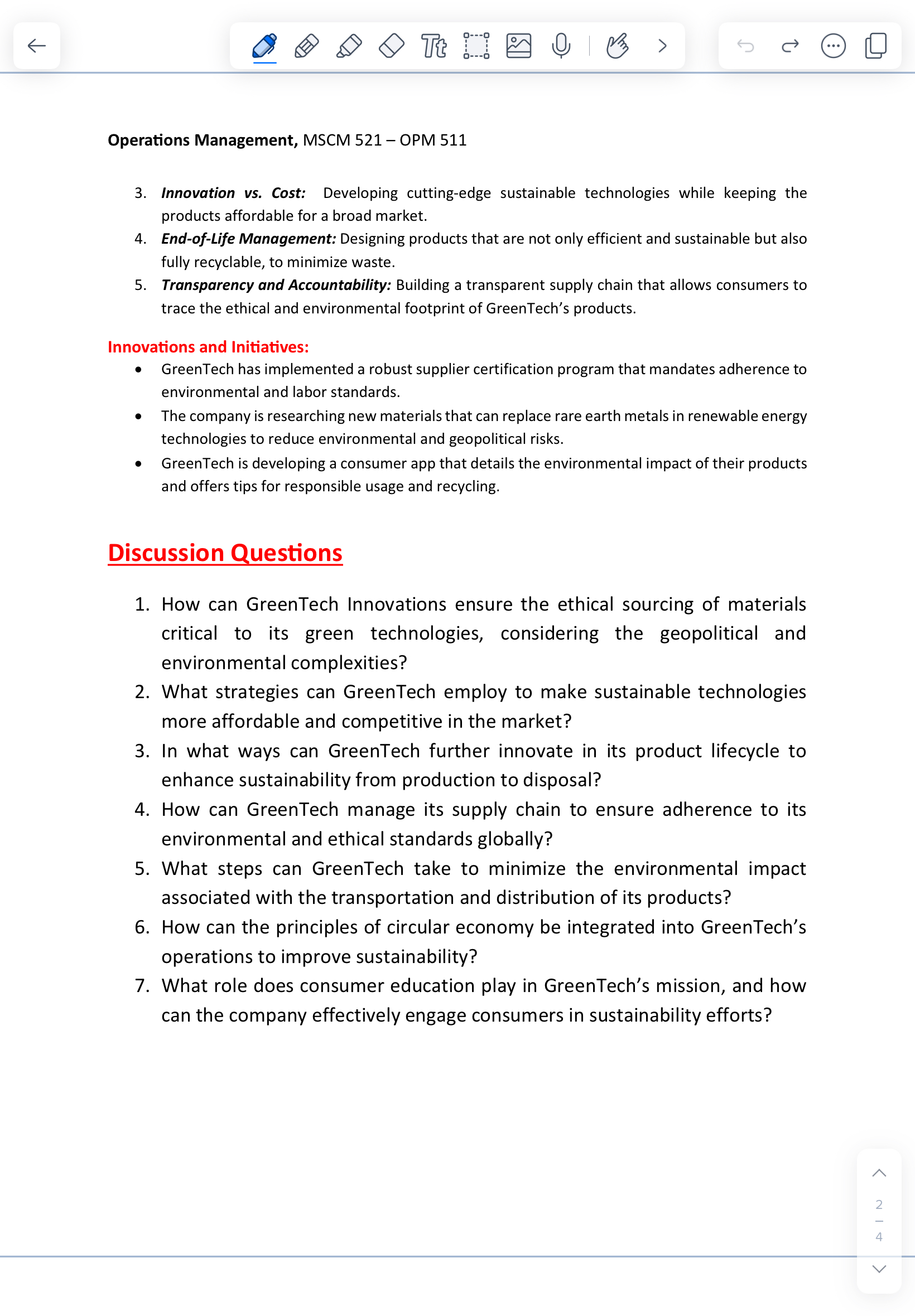  Sustainability and Ethical Considerations-Spring 24 Operations Management, MSCM 521- OPM 511
