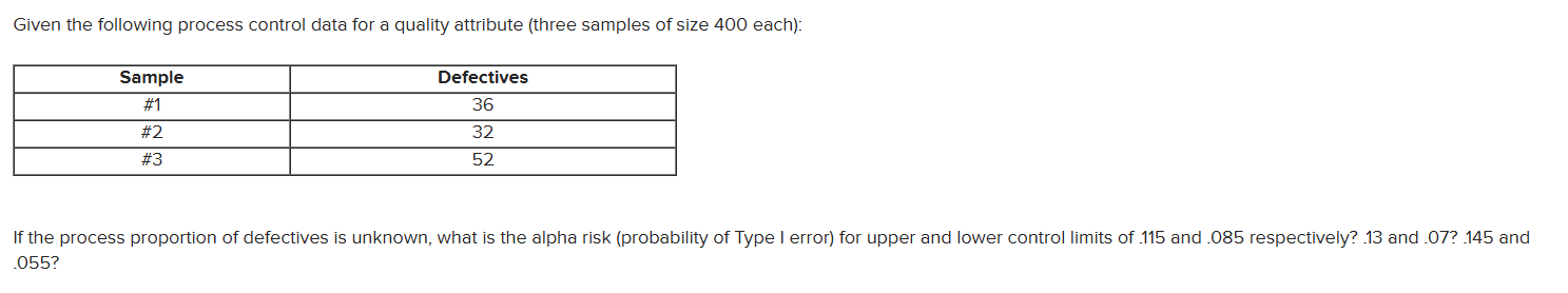  Given the following process control data for a quality attribute (three
