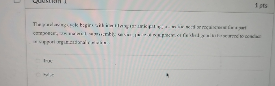  1 pts The purchasing cycle begins with identifying (or anticipating) a