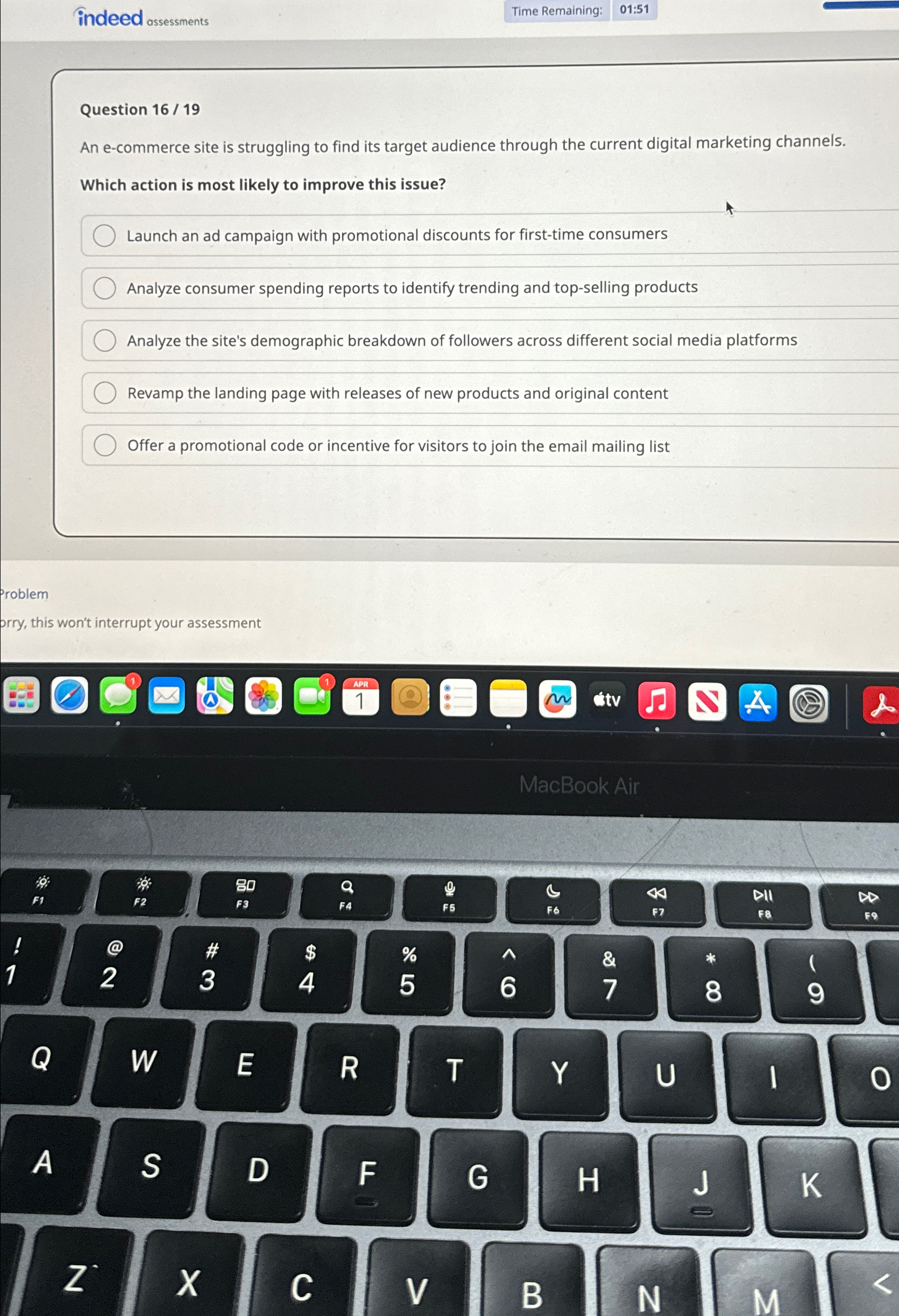  indeed assessments Time Remaining: 01:51 Question 16/19 An e-commerce site is