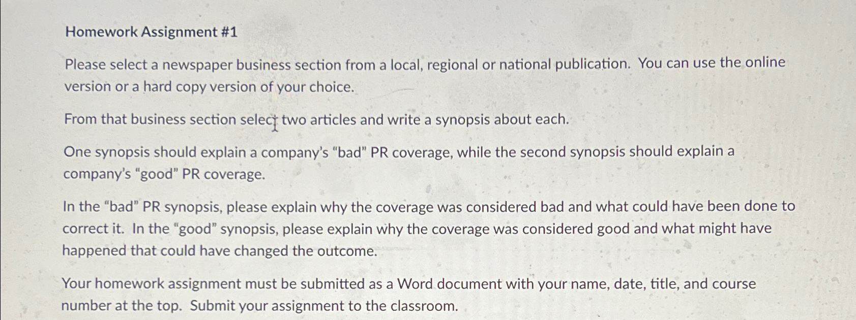  Homework Assignment #1 Please select a newspaper business section from a