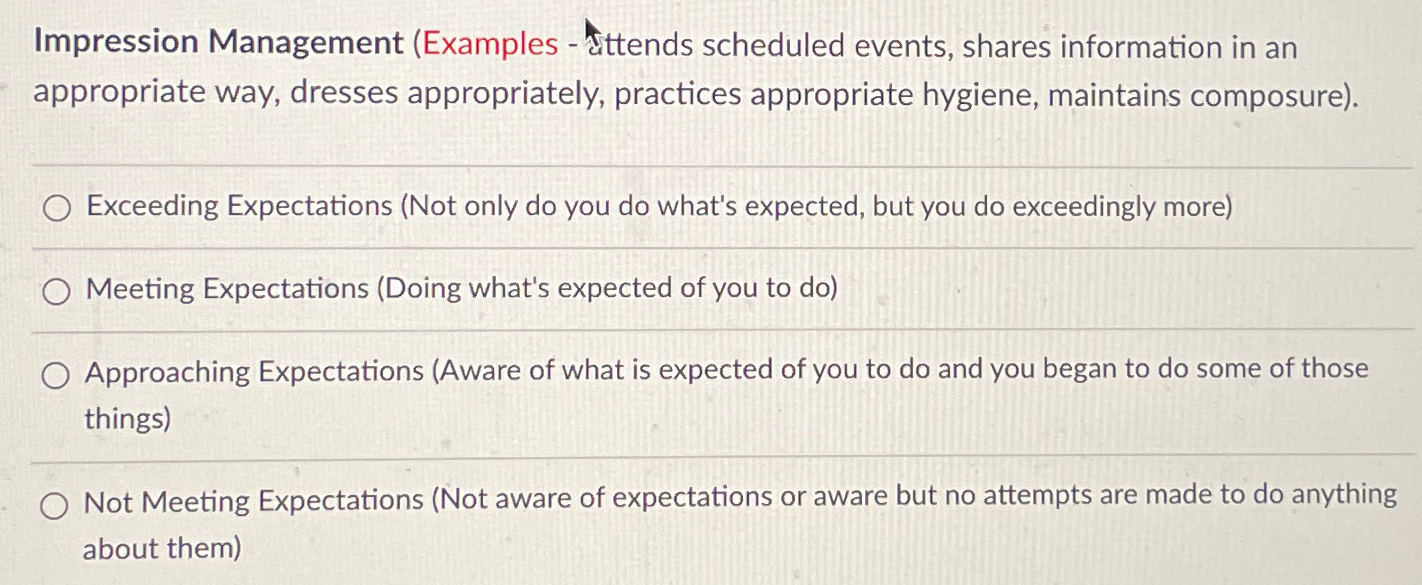  Impression Management (Examples -4 ttends scheduled events, shares information in an