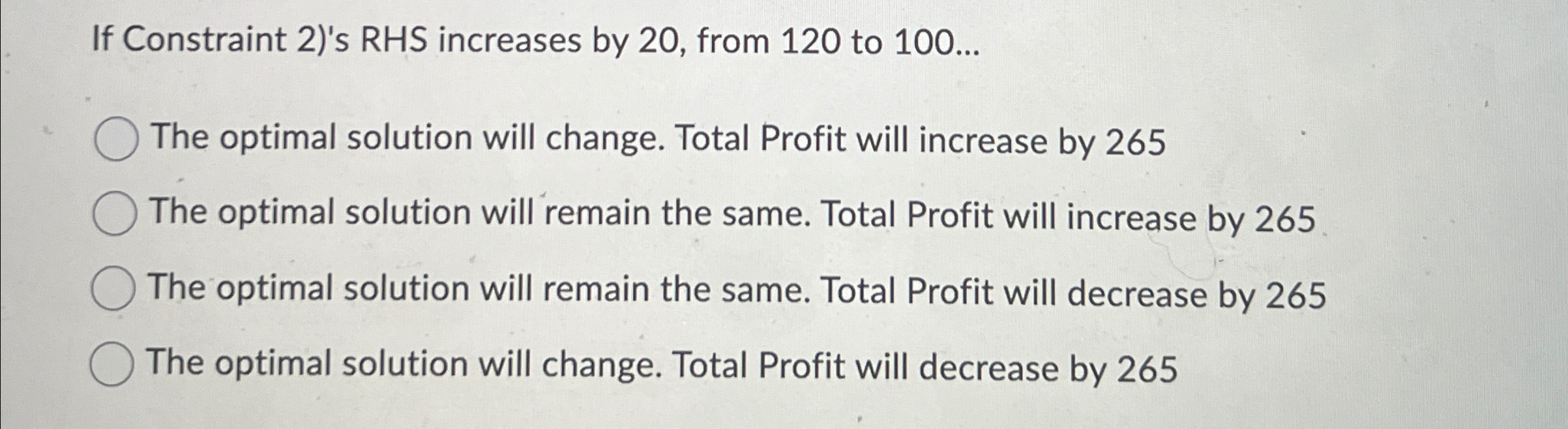  If Constraint 2)'s RHS increases by 20, from 120 to 100...