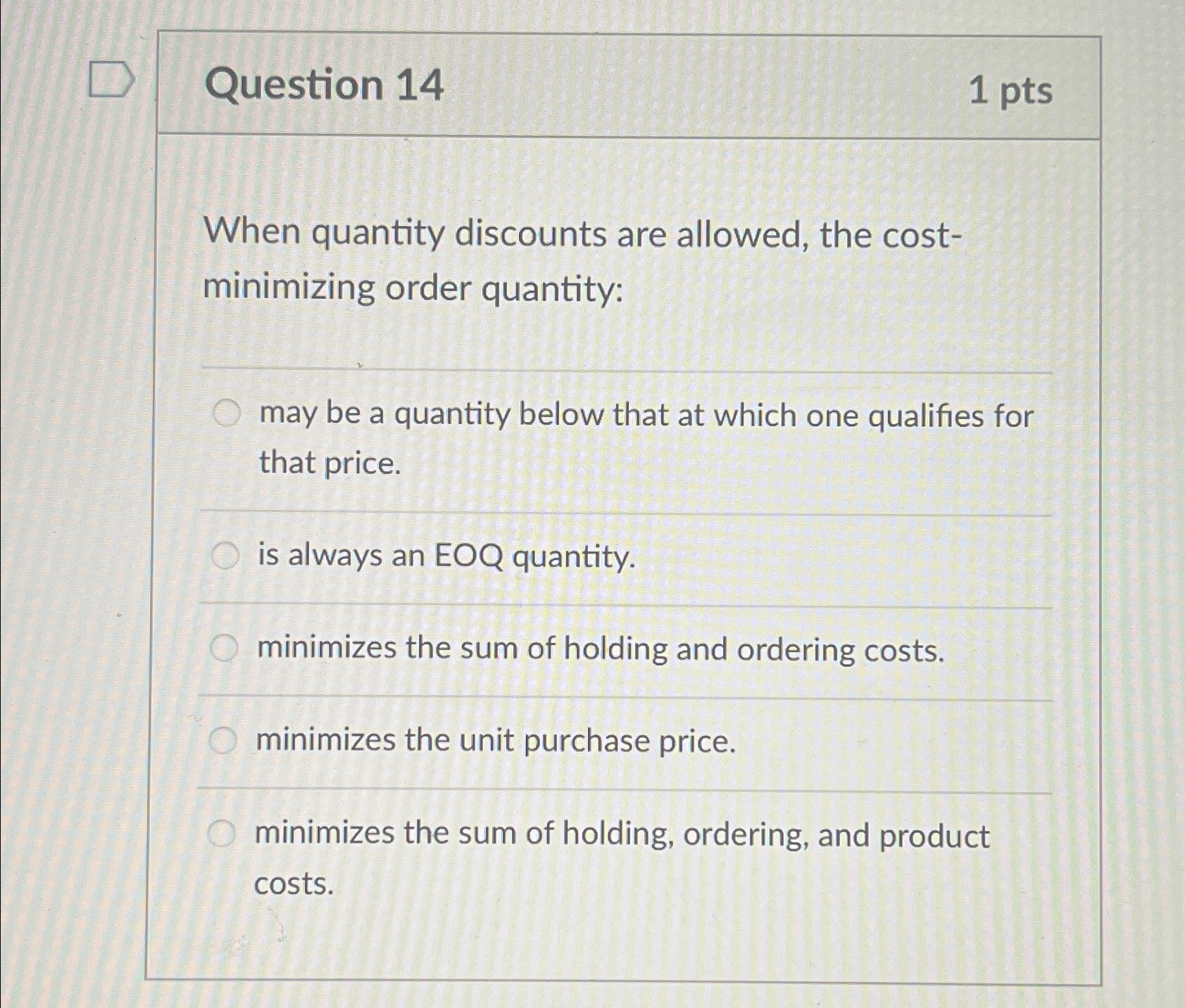  Question 14 1 pts When quantity discounts are allowed, the costminimizing