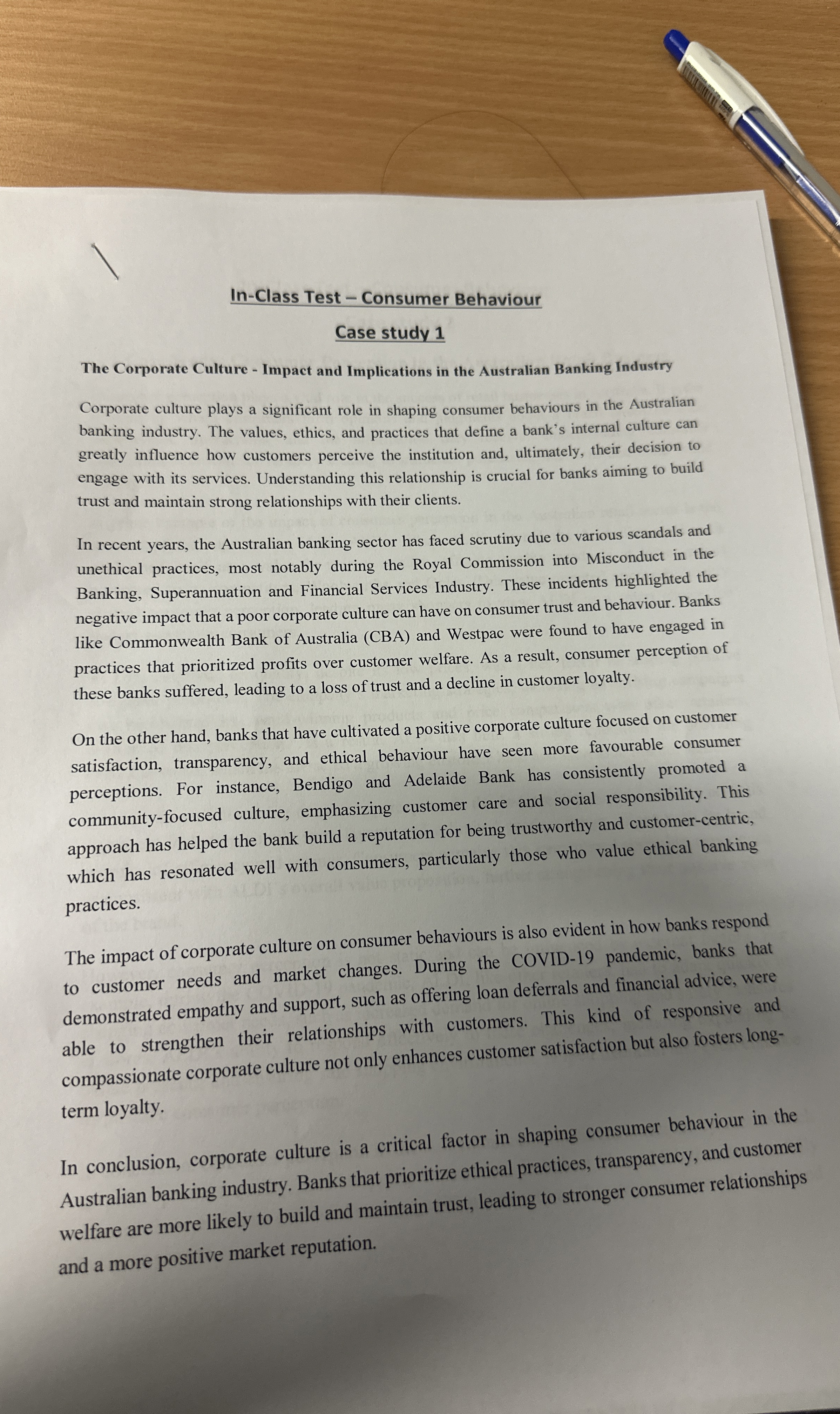  In-Class Test-Consumer Behaviour Case study 1 The Corporate Culture - Impact