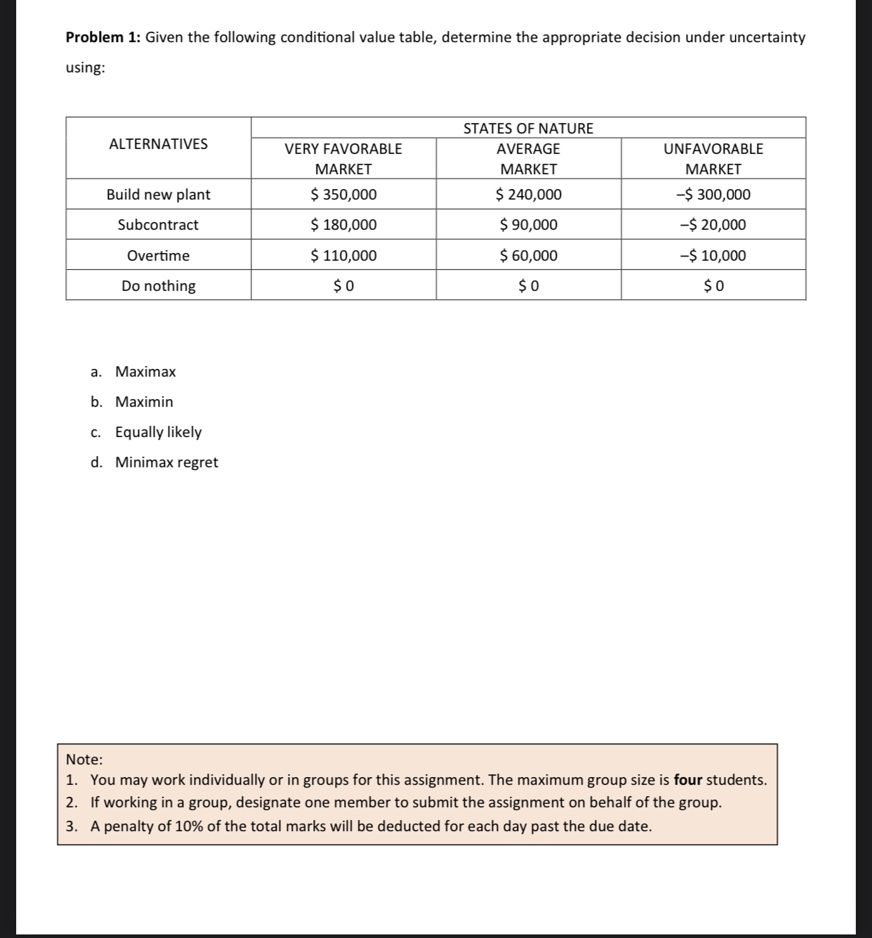  s Problem 1: Given the following conditional value table, determine the