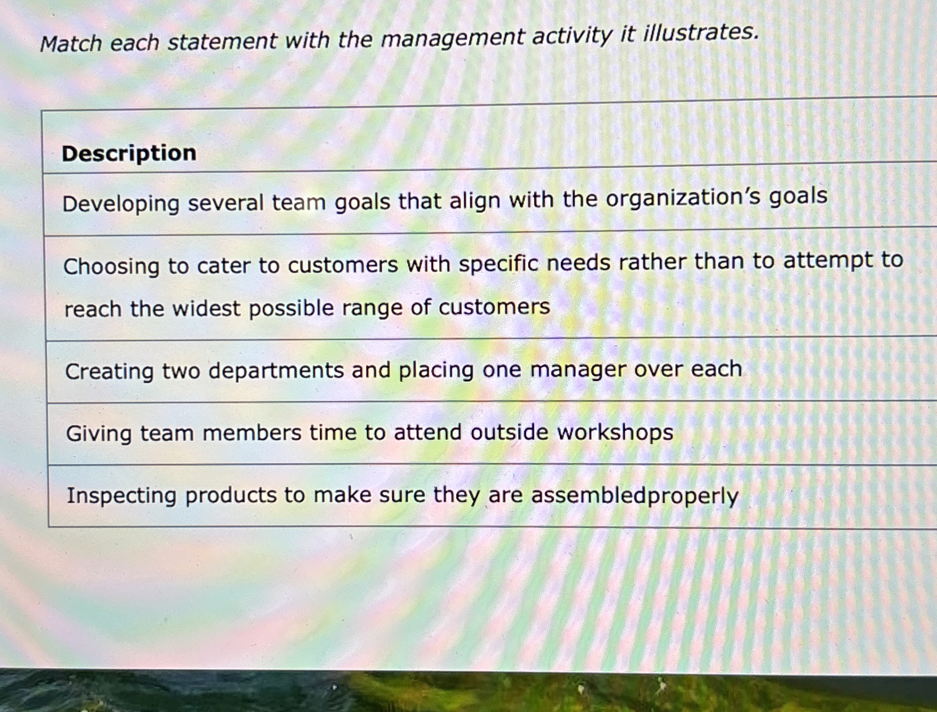  Match each statement with the management activity it illustrates. Description Developing