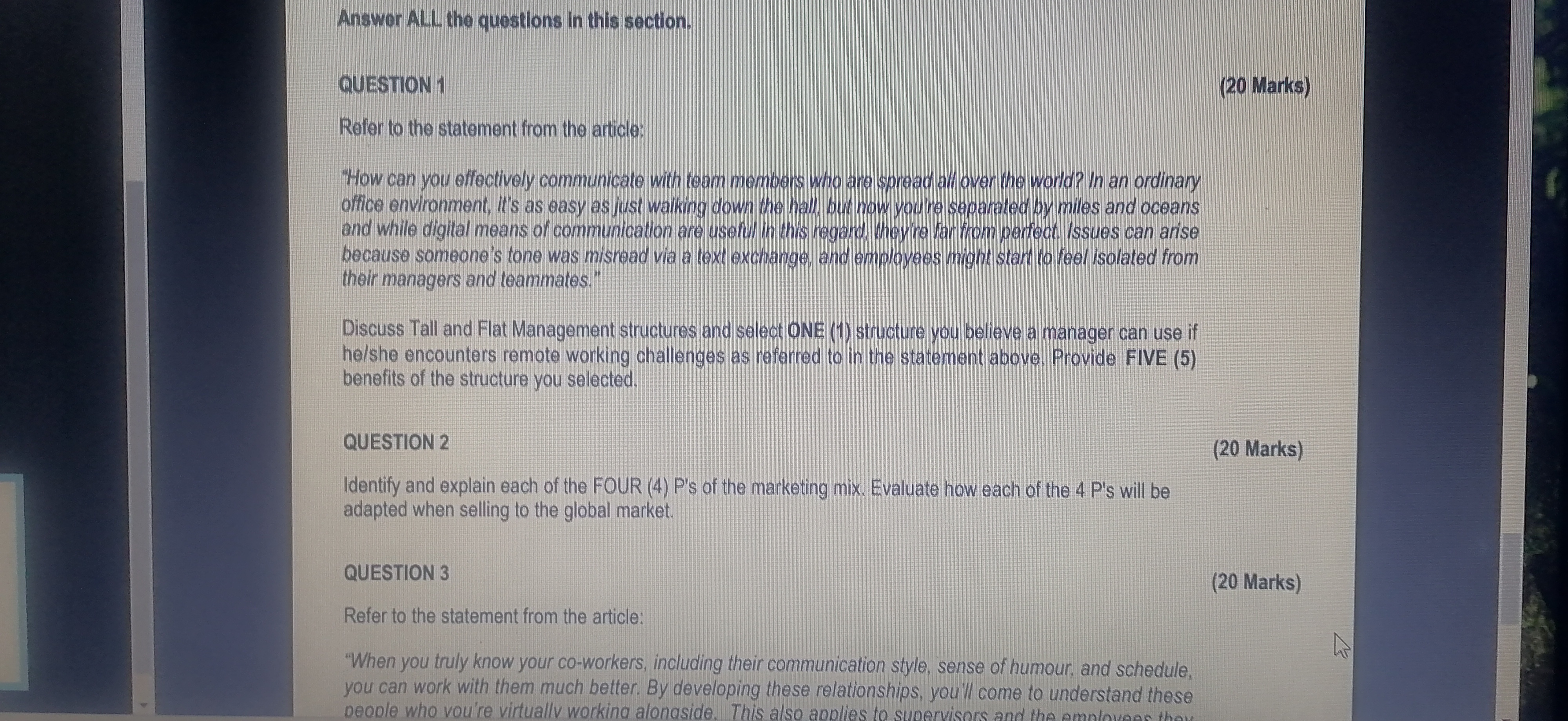  Answer ALL the questions in this section. QUESTION 1 (20 Marks)