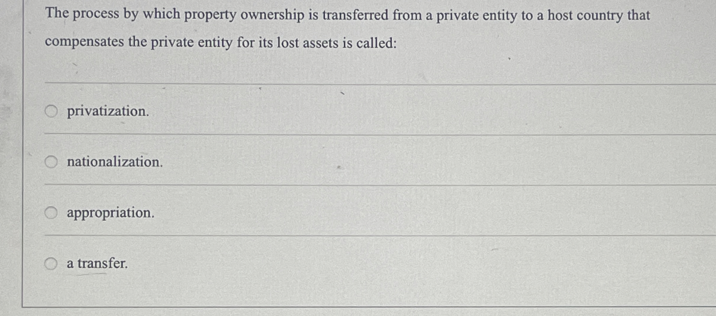  The process by which property ownership is transferred from a private