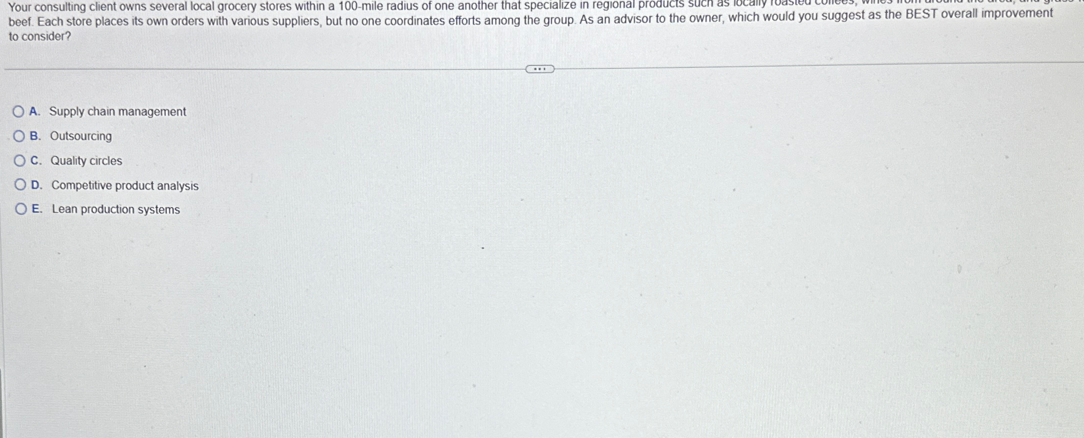  to consider? A. Supply chain management B. Outsourcing C. Quality circles