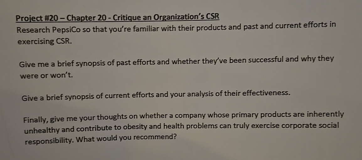  Project #20- Chapter 20- Critique an Organization's CSR Research PepsiCo so