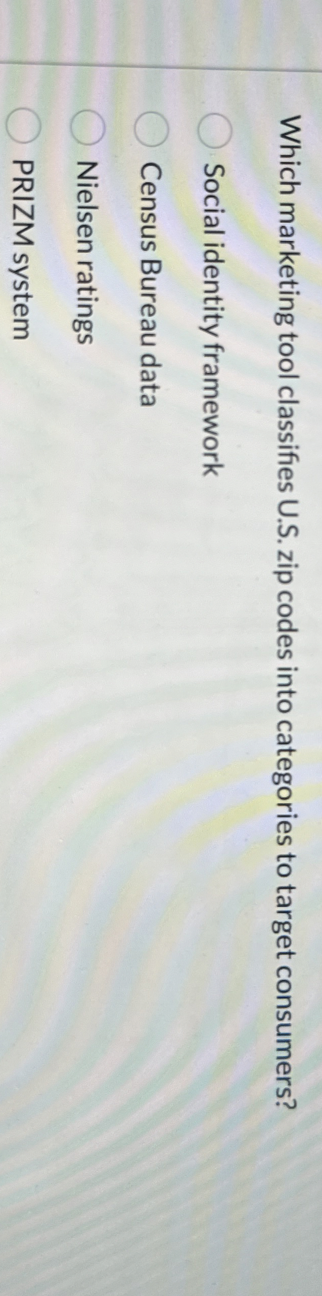  Which marketing tool classifies U.S. zip codes into categories to target