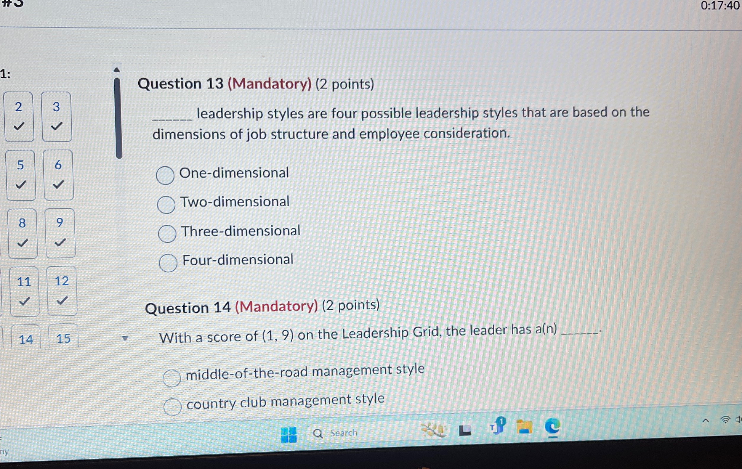  0:17:40 Question 13(Mandatory)(2 points) q, leadership styles are four possible leadership