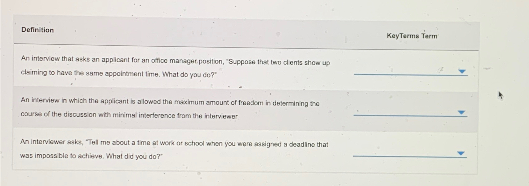  Definition KeyTerms Term An interview that asks an applicant for an