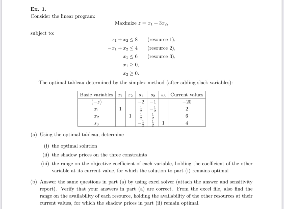  Consider the linear program: Maximize z=x1+3x2, subject to: x1+x28,( resource 1)
