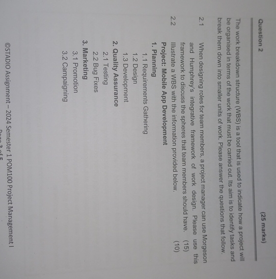  Question 2 (25 marks) The work breakdown structure (WBS) is a