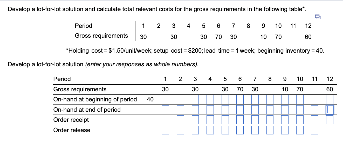  Develop a lot-for-lot solution and calculate total relevant costs for the