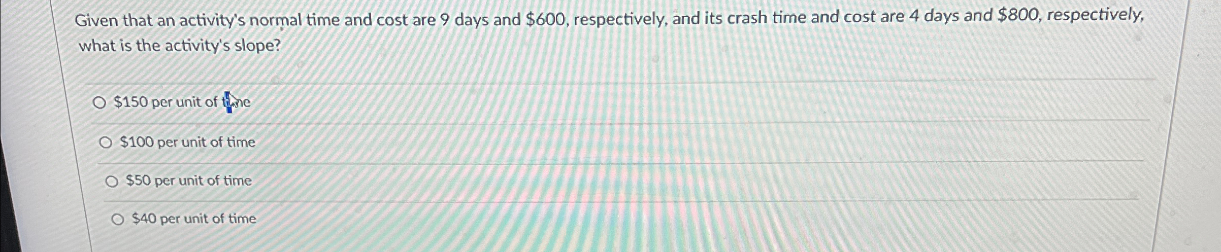  Given that an activity's normal time and cost are 9 days