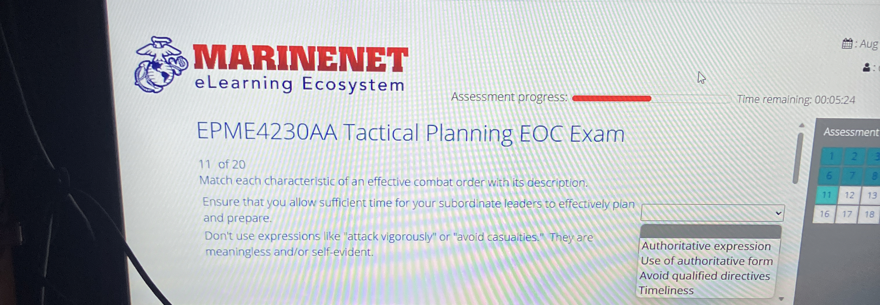  MARTNENG eLearning Ecosystem Assessment progress: Time remaining: 00:05:24 EPME4230AA Tactical Planning