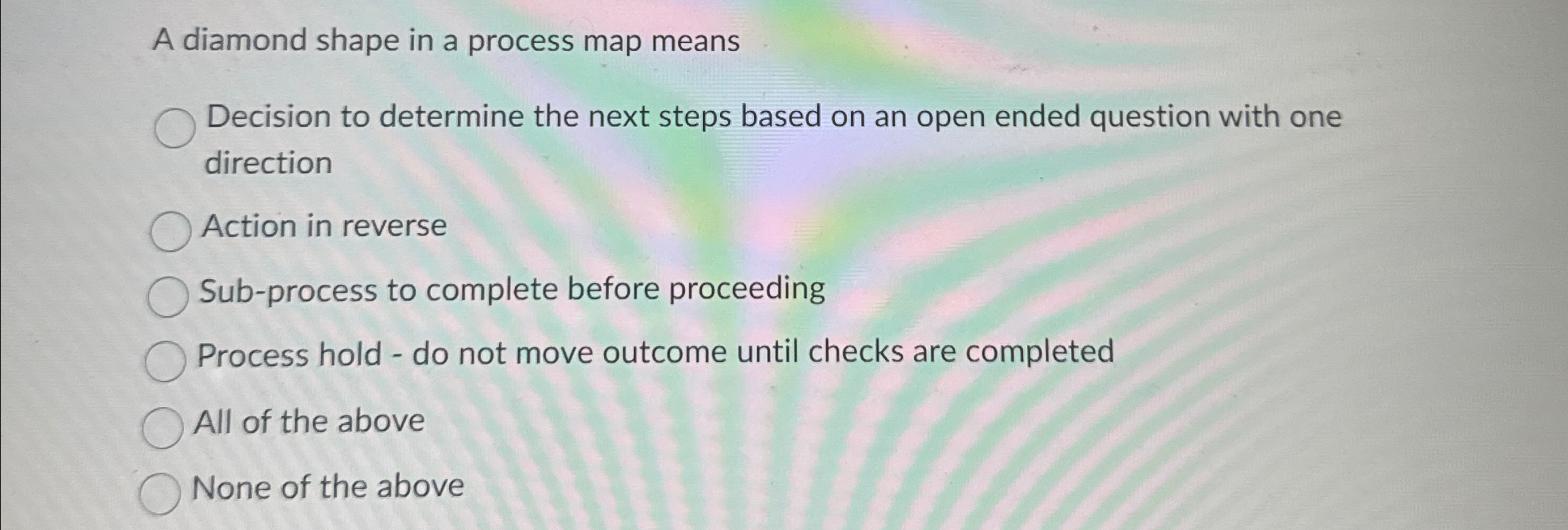  A diamond shape in a process map means Decision to determine