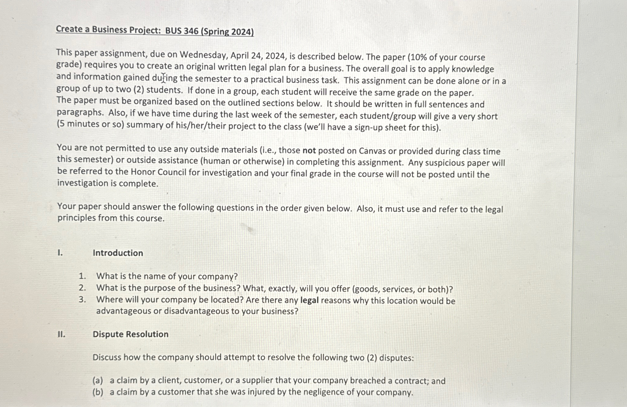  Create a Business Project: BUS 346(Spring 2024) This paper assignment, due