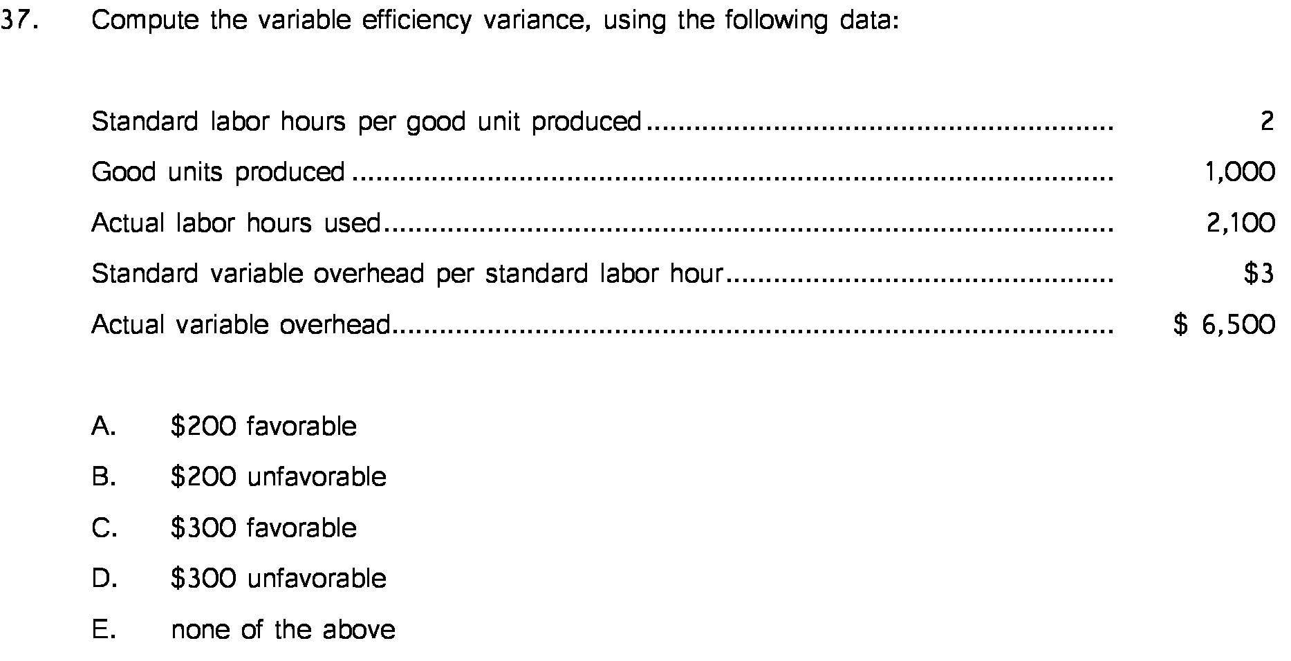  Compute the variable efficiency variance, using the following data: Standard labor