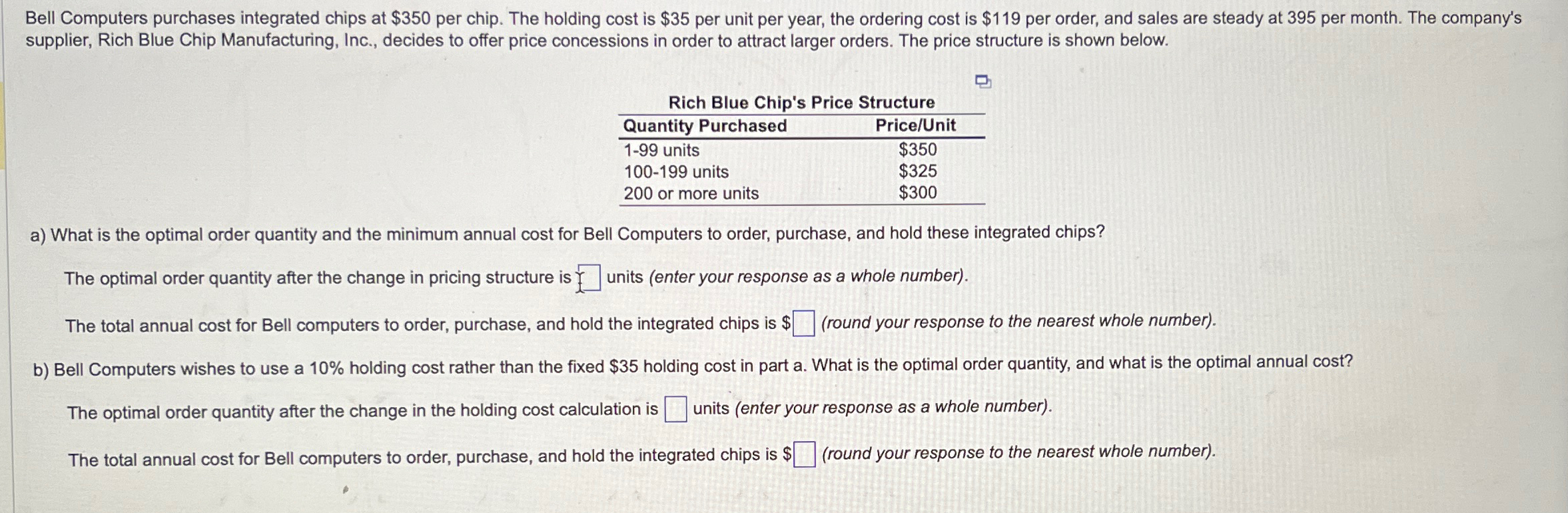  Bell Computers purchases integrated chips at $350 per chip. The holding