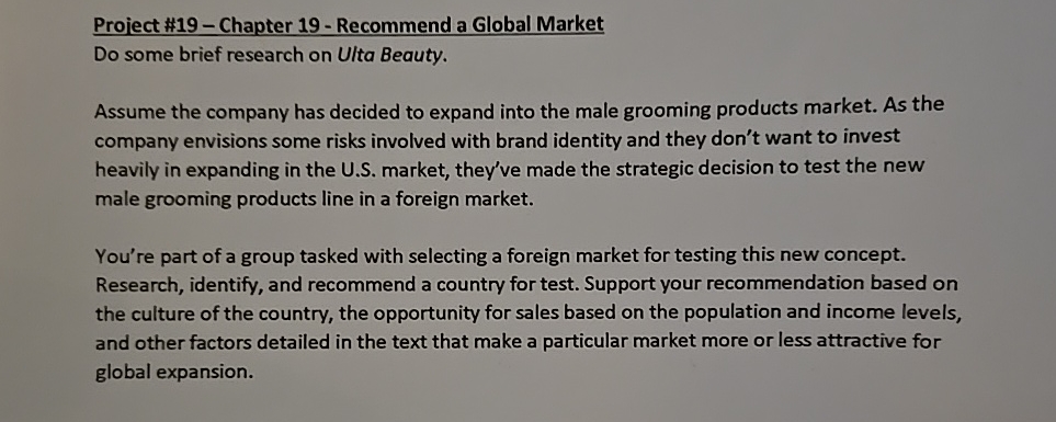  Project #19- Chapter 19- Recommend a Global Market Do some brief