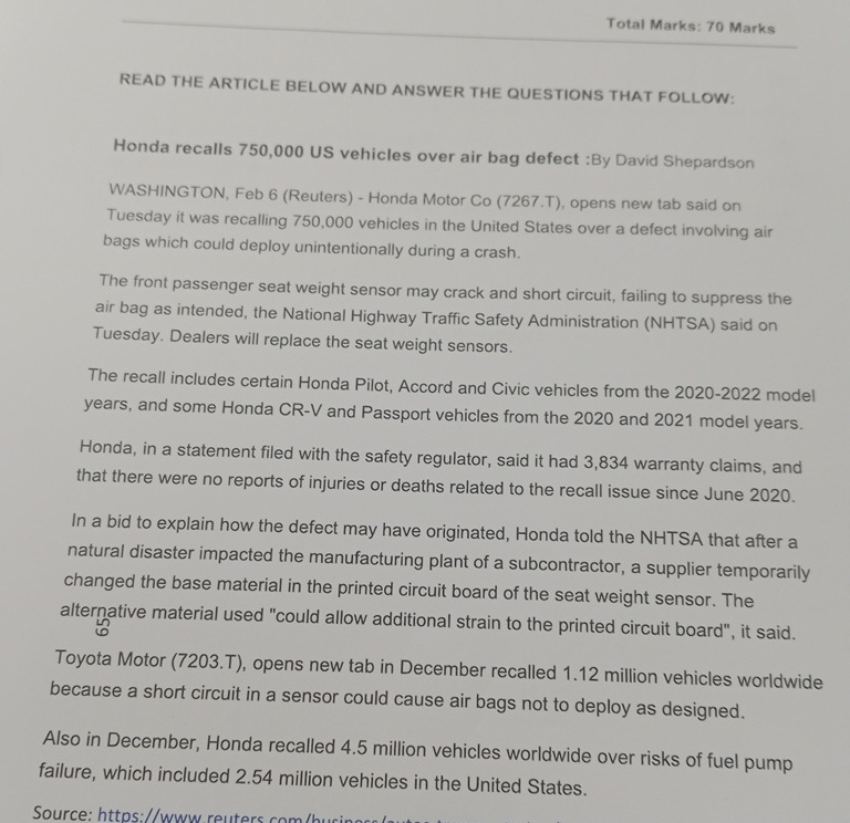  Total Marks: 70 Marks READ THE ARTICLE BELOW AND ANSWER THE