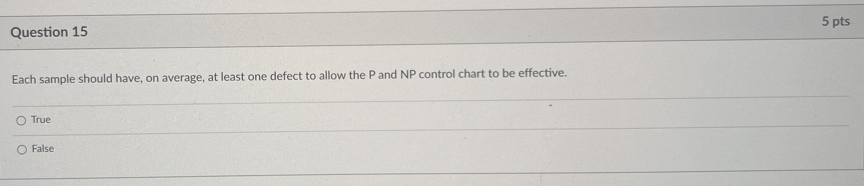  Question 15 5 pts Each sample should have, on average, at