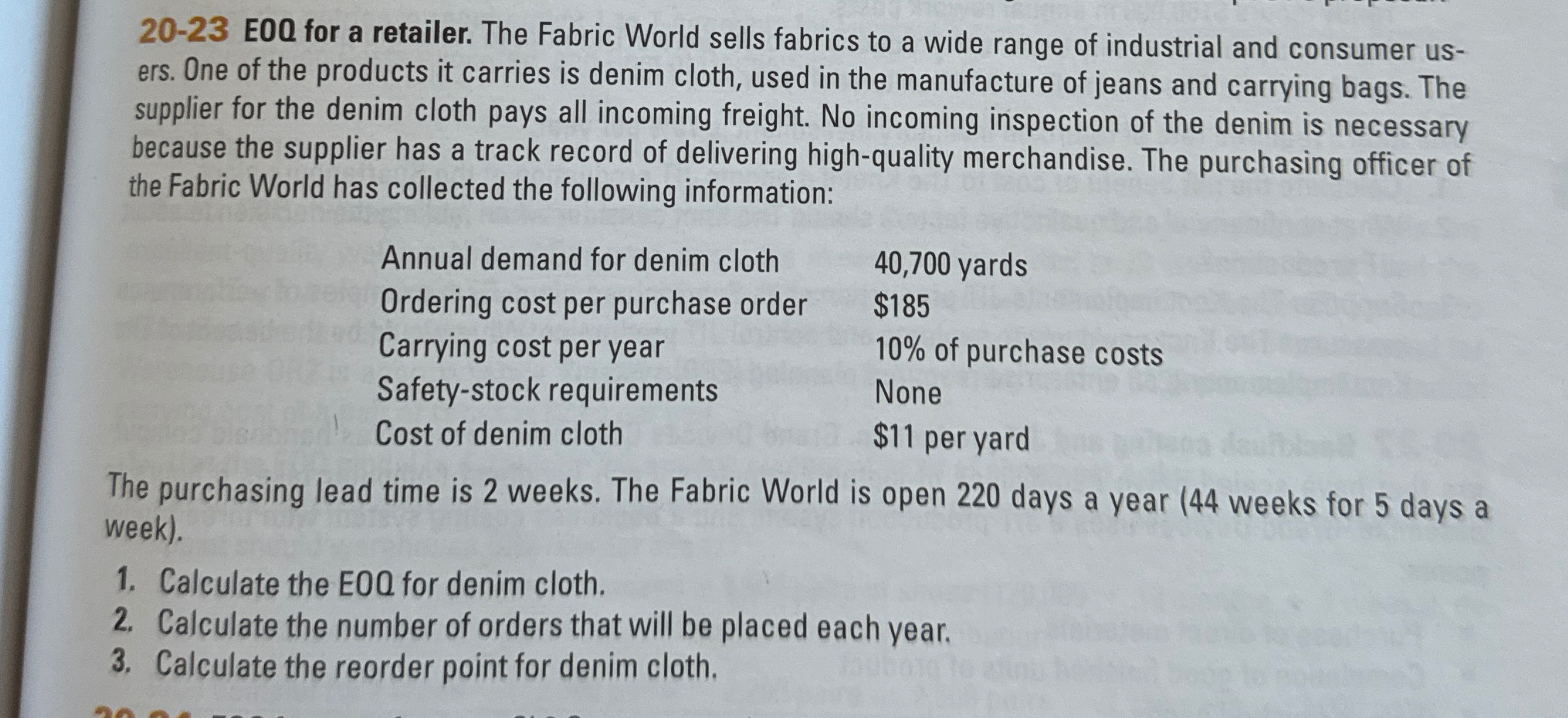  20-23 EOO for a retailer. The Fabric World sells fabrics to