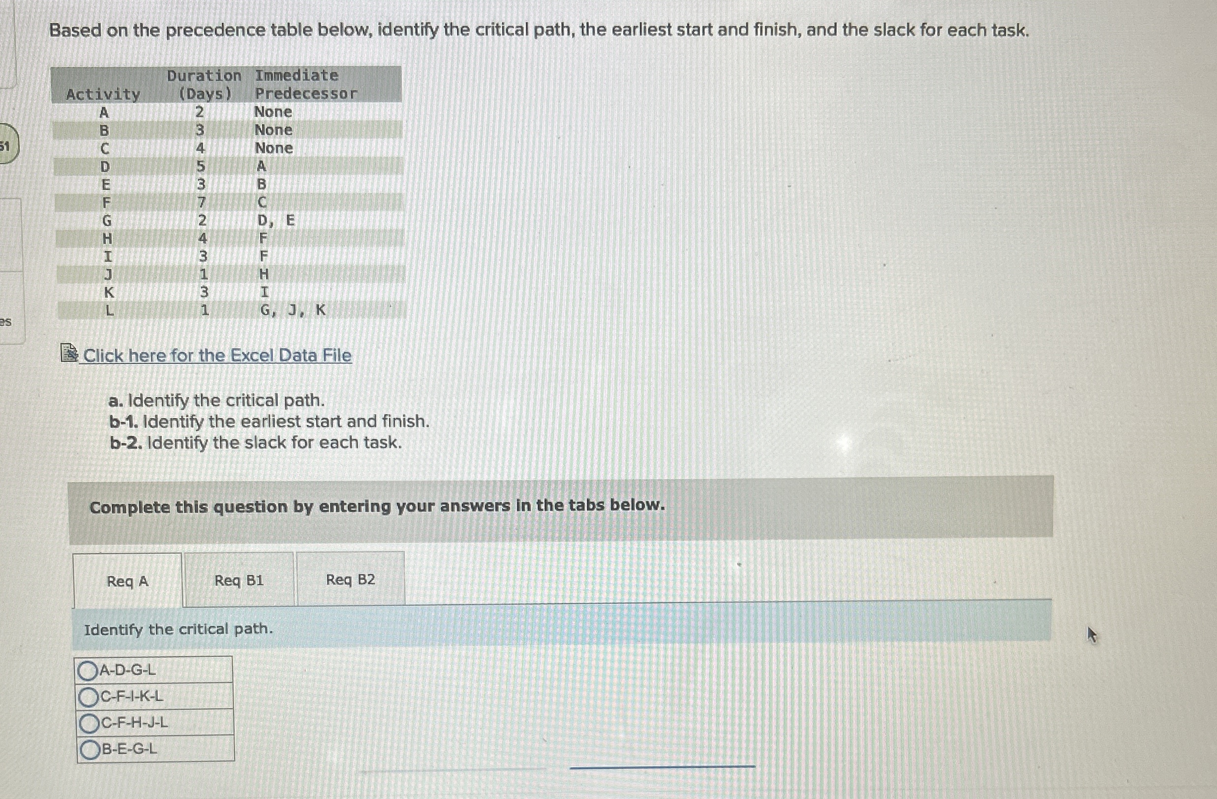  Based on the precedence table below, identify the critical path, the