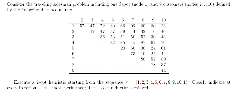  Consider the traveling salesman problem including one depot (node 1 )