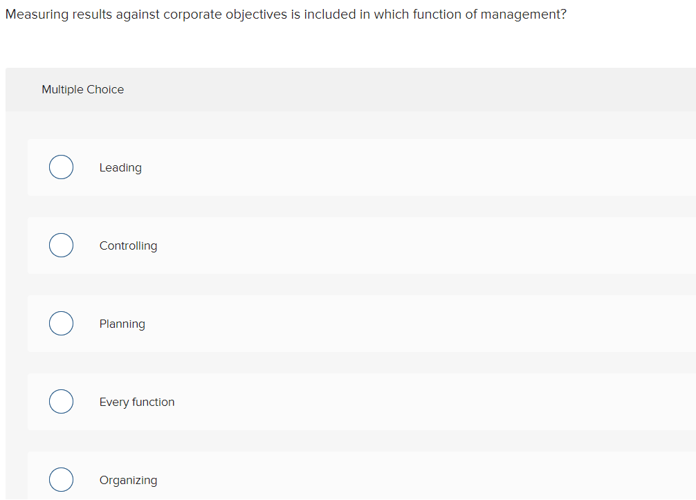  Measuring results against corporate objectives is included in which function of
