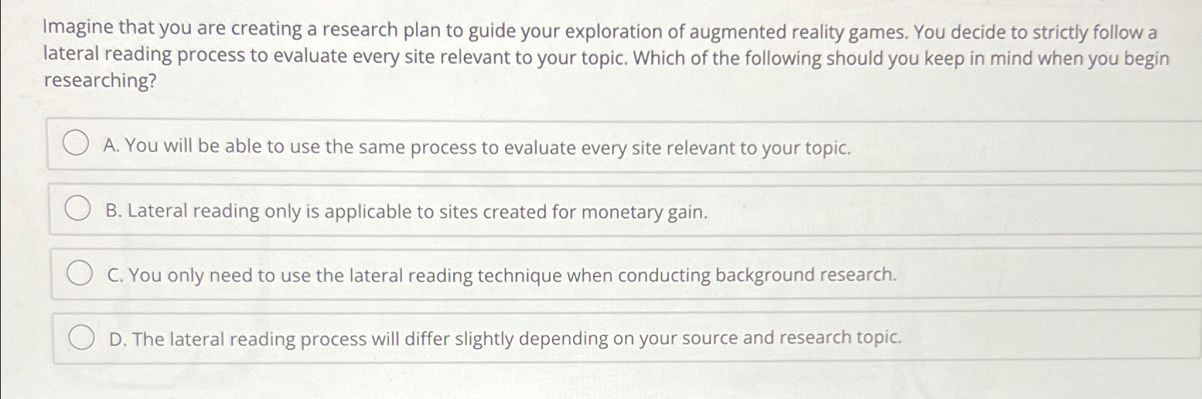  Imagine that you are creating a research plan to guide your
