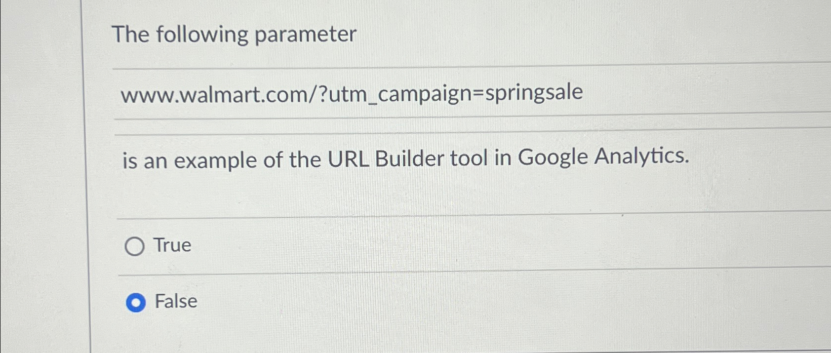  The following parameter www.walmart.com/?utm_campaign=springsale is an example of the URL Builder