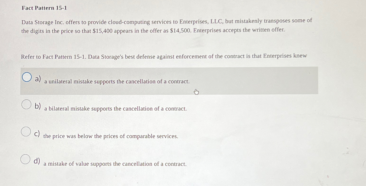  Fact Pattern 15-1 Data Storage Inc. offers to provide cloud-computing services