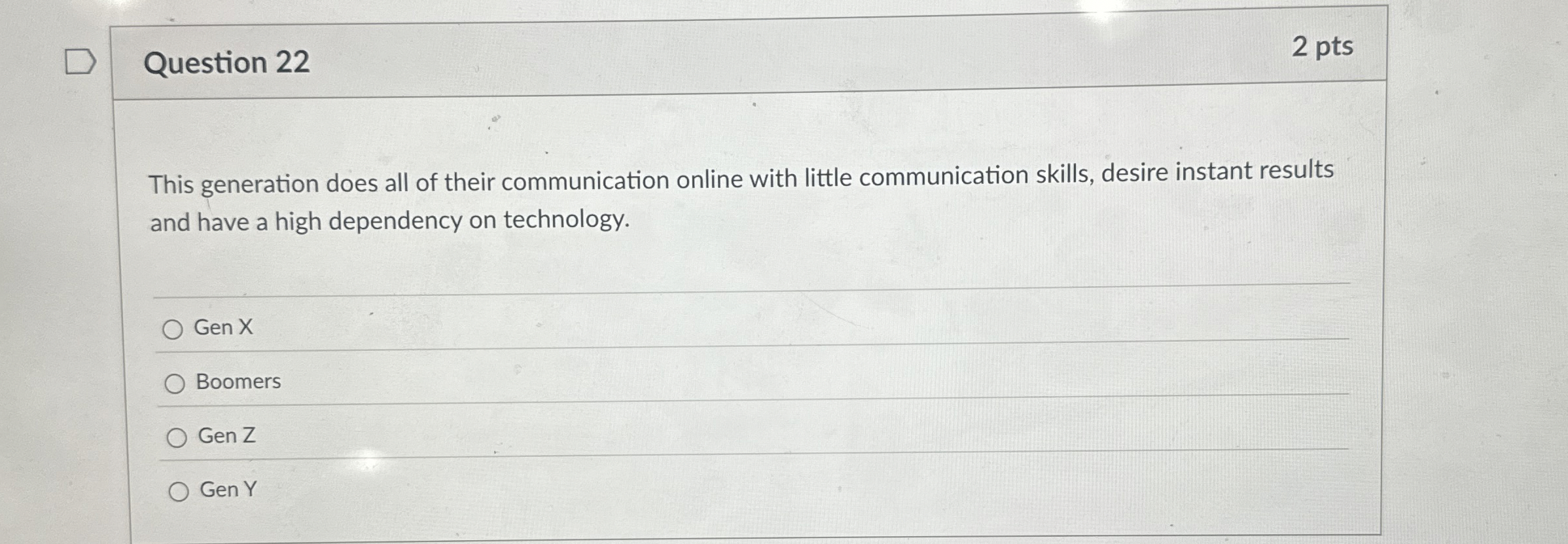  Question 22 This generation does all of their communication online with