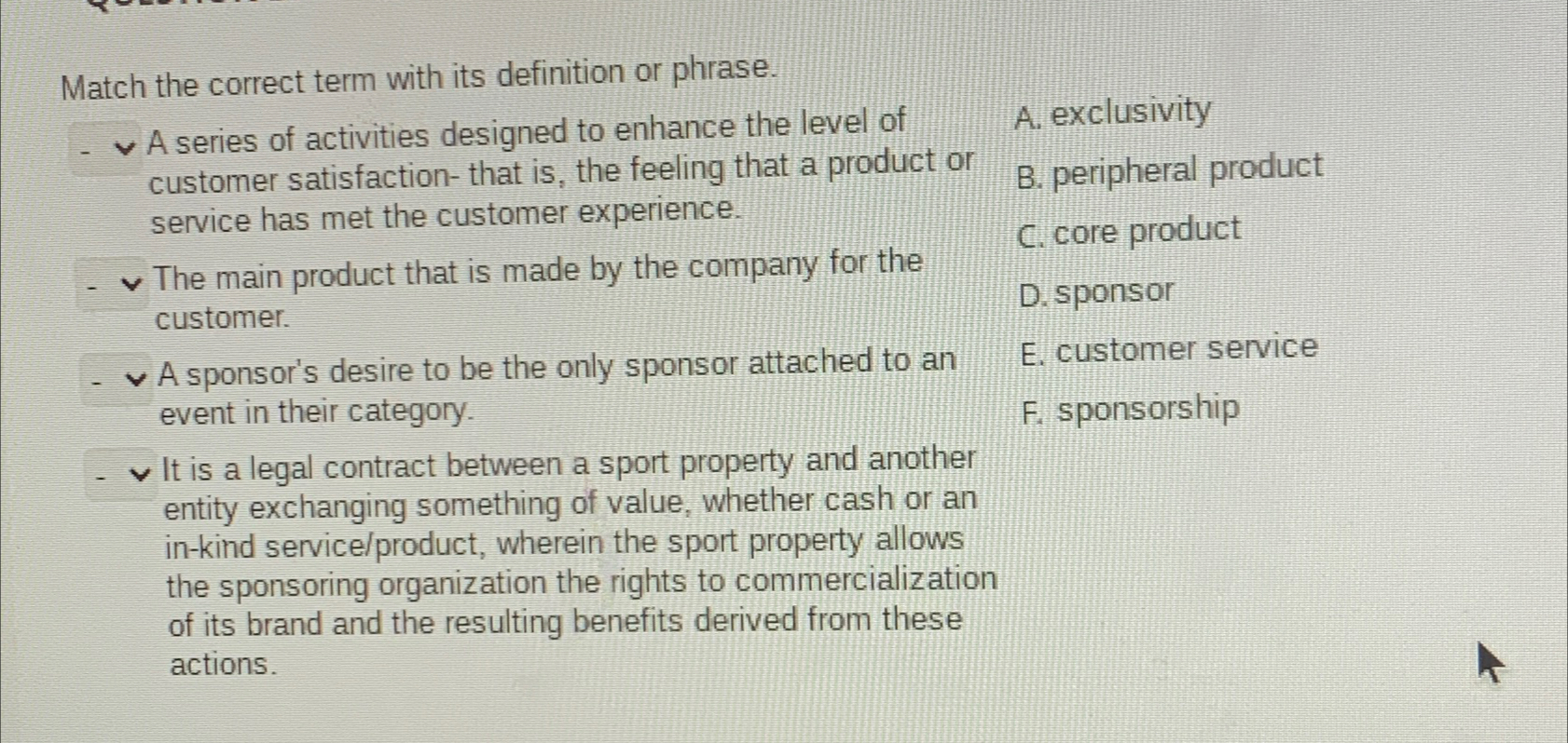 Match the correct term with its definition or phrase. A series