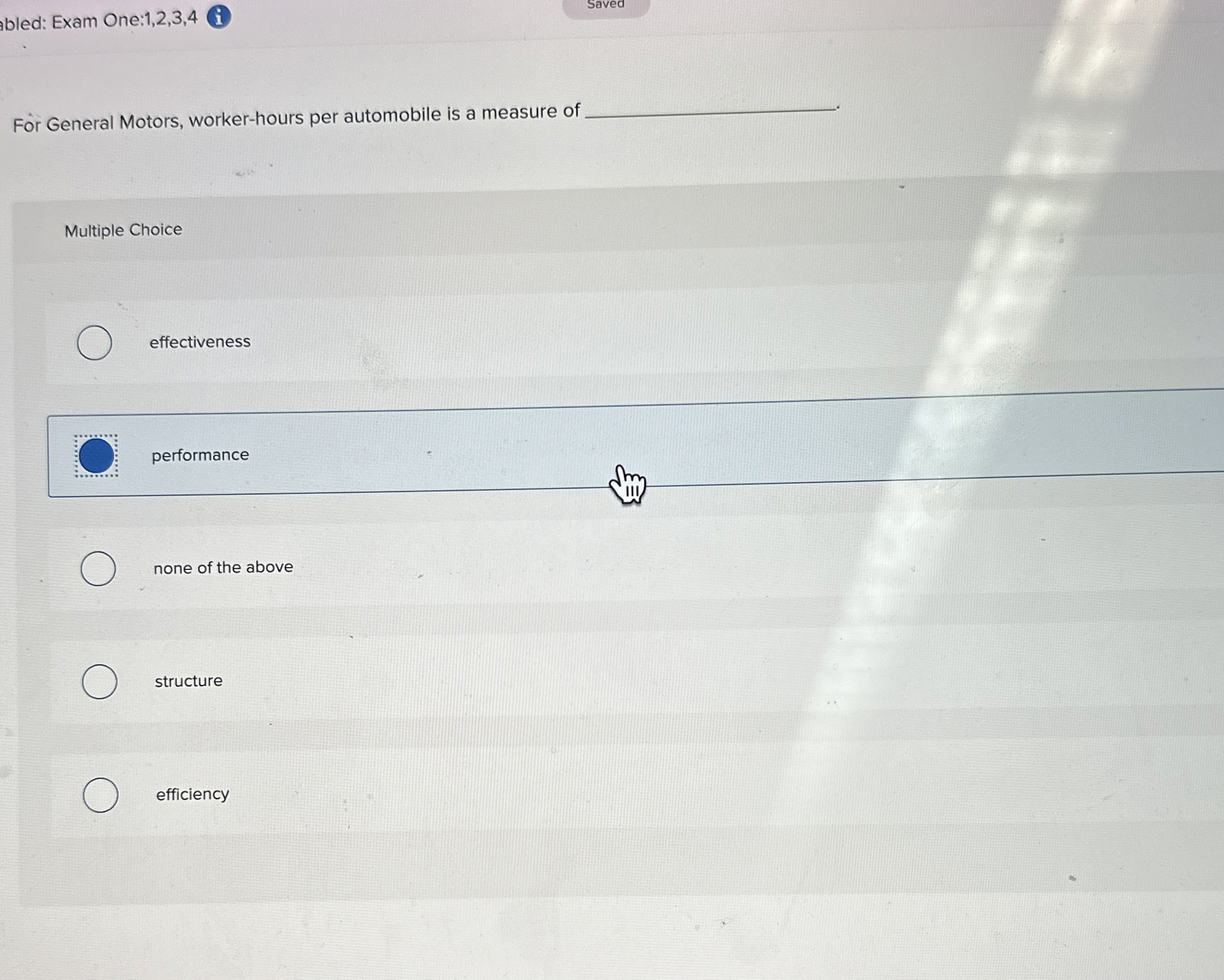  abled: Exam One:1,2,3,4 (i) Saved For General Motors, worker-hours per automobile
