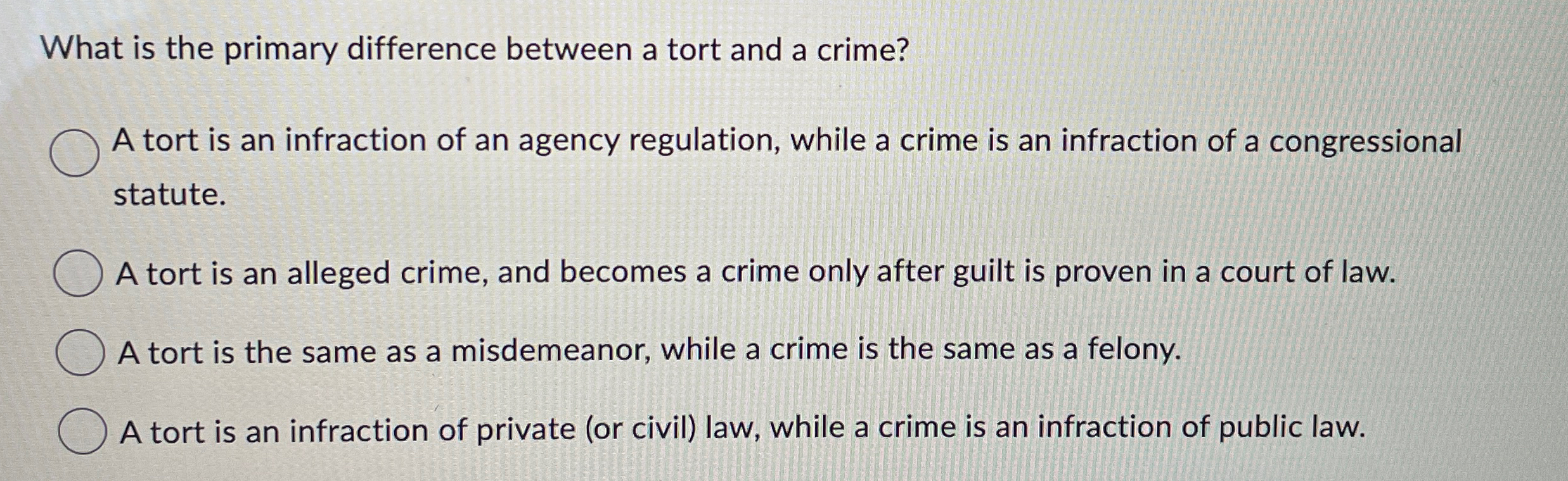  What is the primary difference between a tort and a crime?