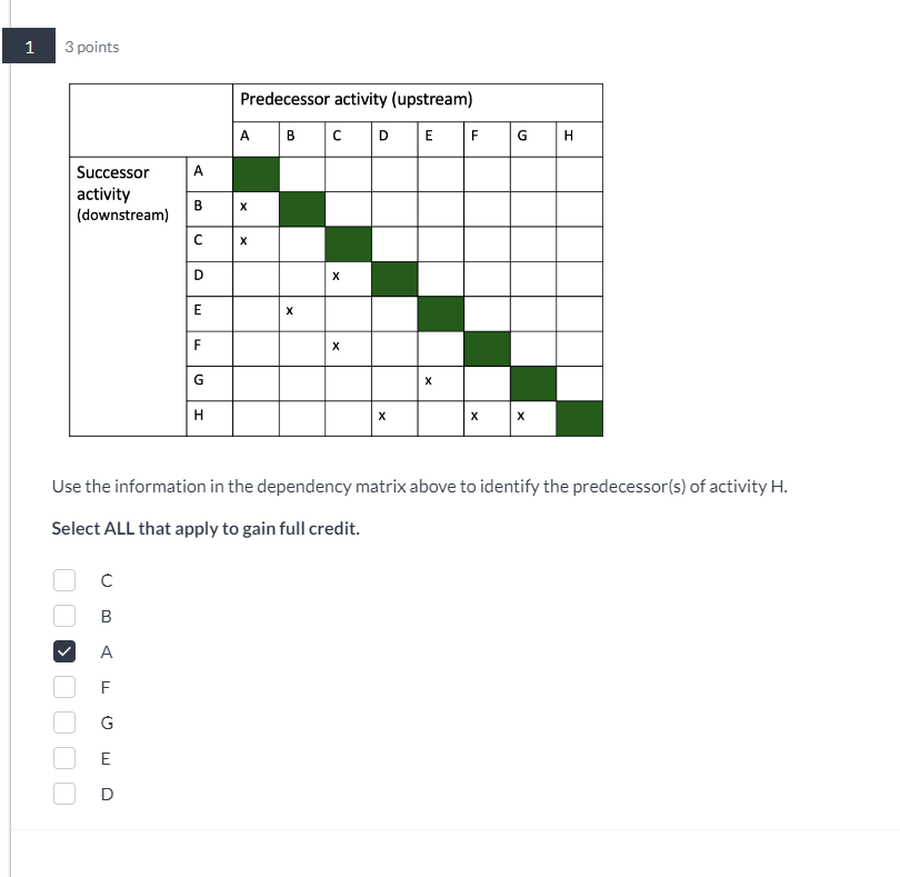 Use the information in the dependency matrix above to identify the