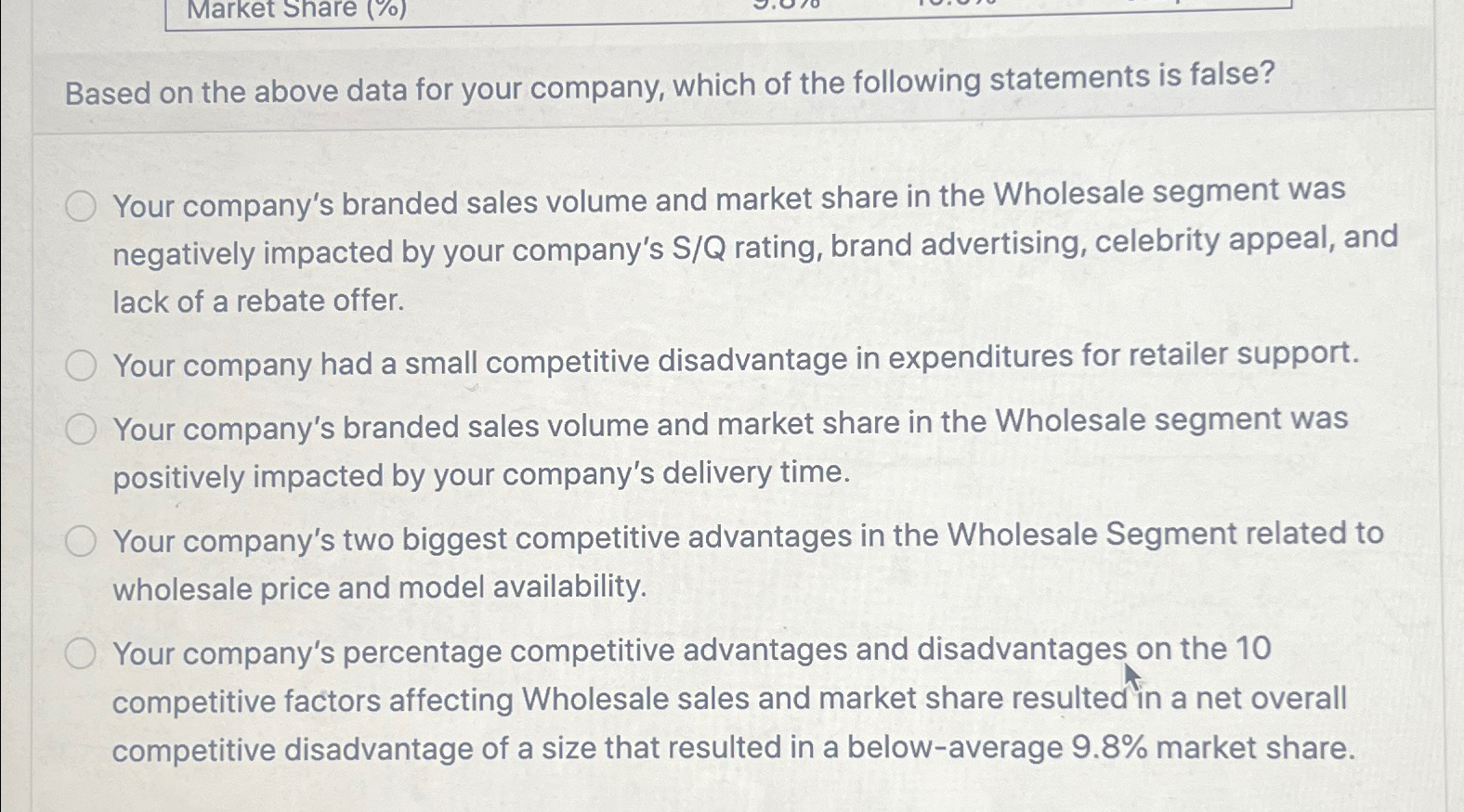  Market Share (%) Based on the above data for your company,