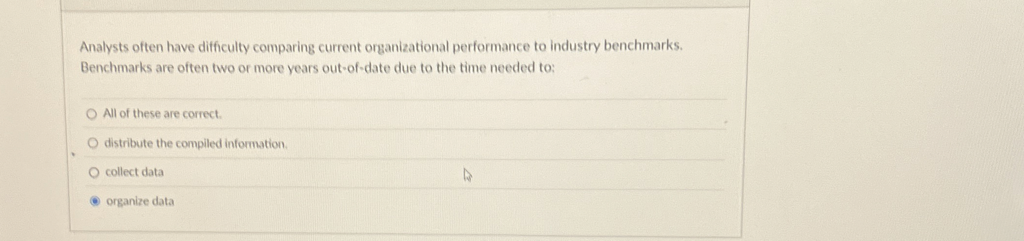  Analysts often have difficulty comparing current organizational performance to industry benchmarks.
