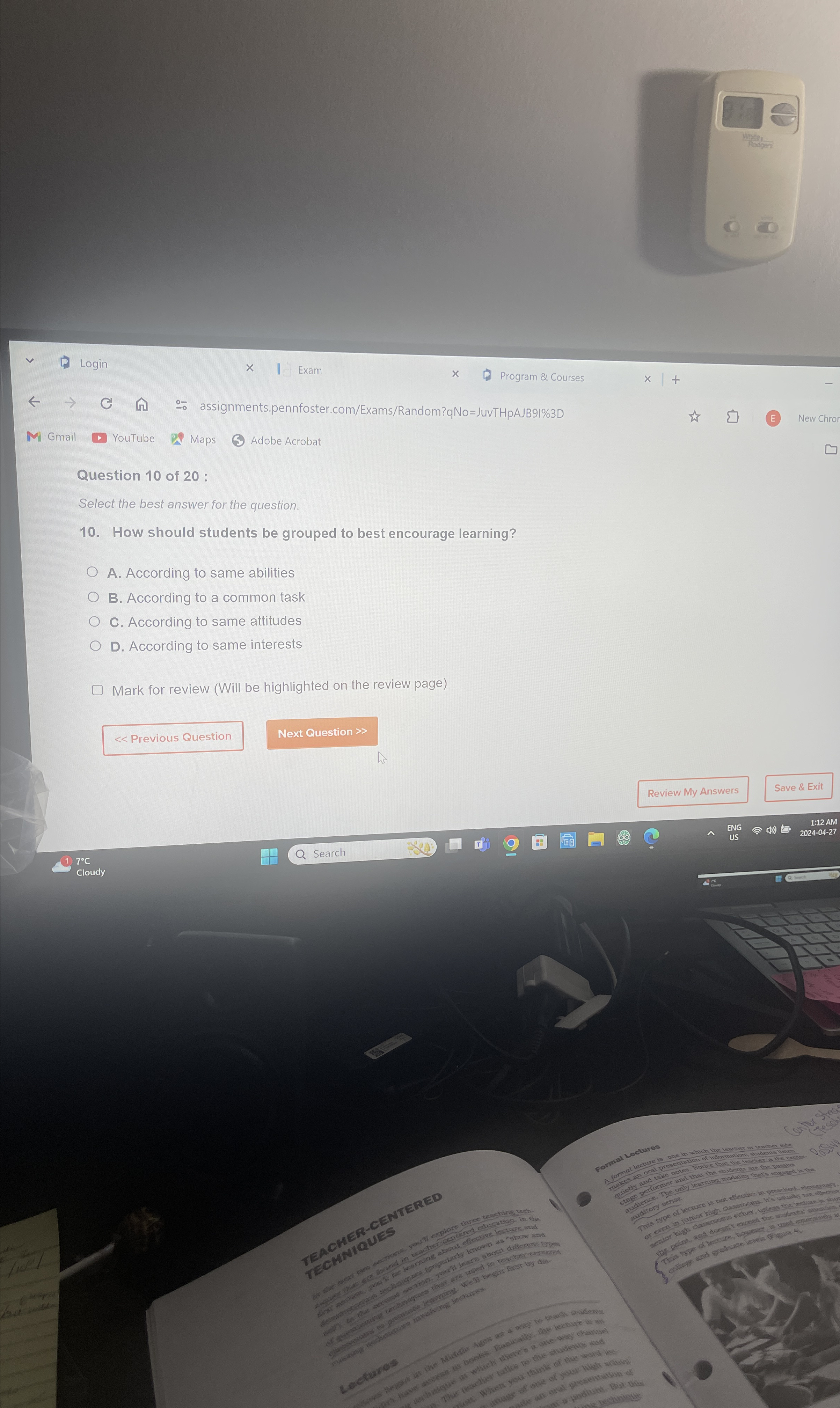  Login Exam Program & Courses larr C assignments.pennfoster.com/Exams/Random?qNo=JuvTHPAJB91%3D M Gmail YouTube