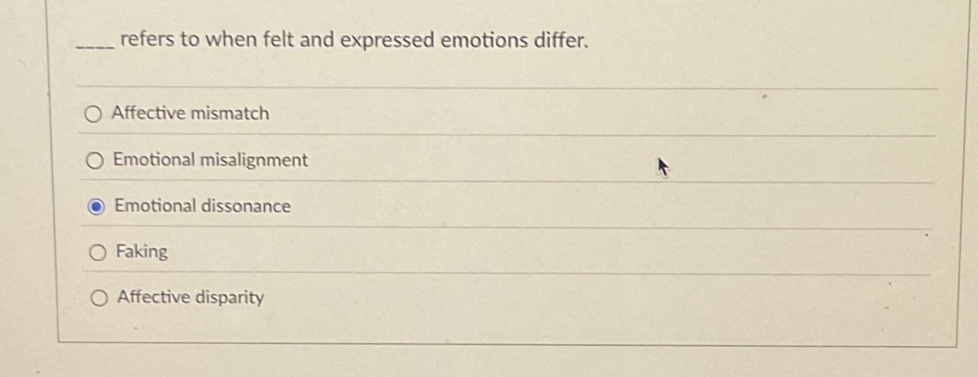  refers to when felt and expressed emotions differ. Affective mismatch Emotional