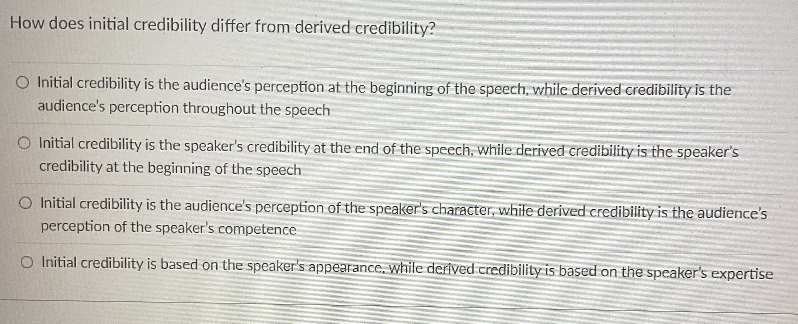  How does initial credibility differ from derived credibility? Initial credibility is