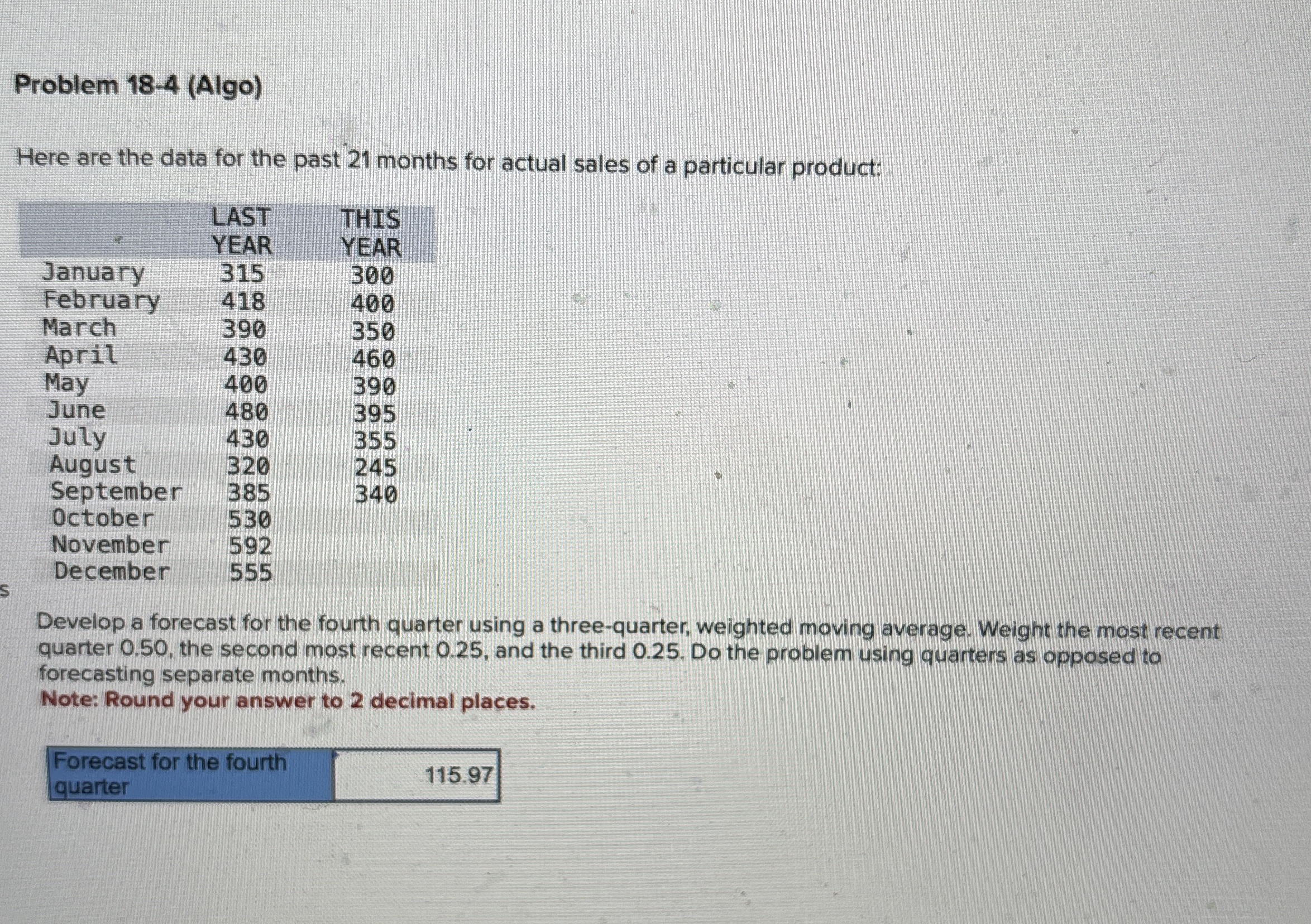  Problem 18-4(Algo) Here are the data for the past 21 months