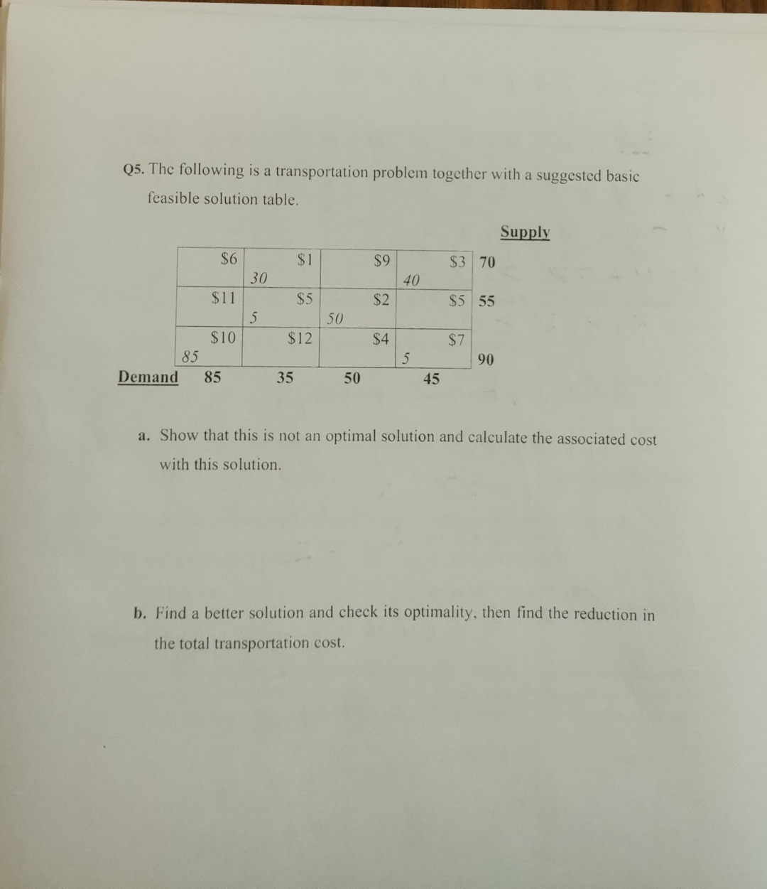  Q5. The following is a transportation problem together with a suggested